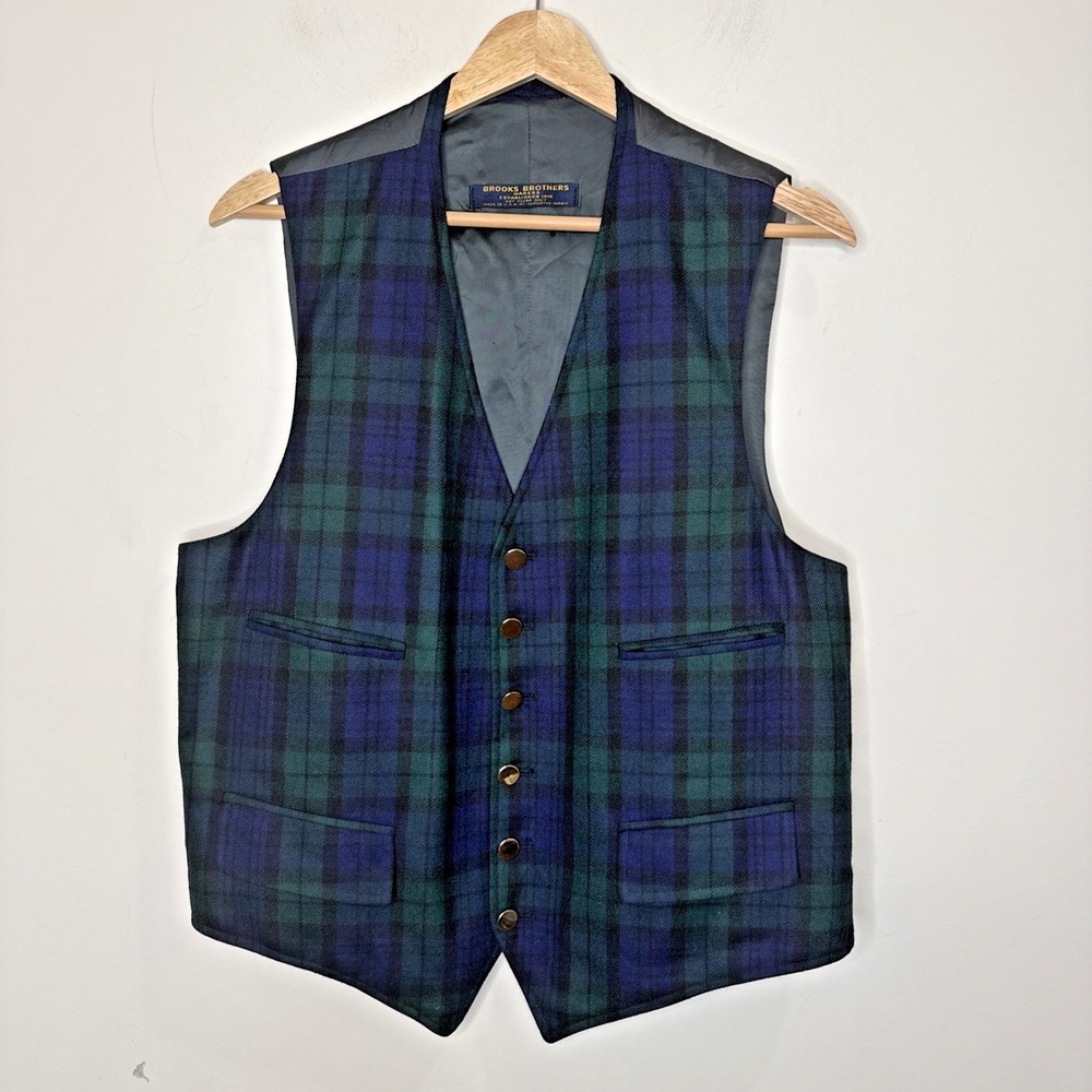 Vintage Brooks Brothers Wool Plaid Vest Waistcoat USA Union Made Button Men's L